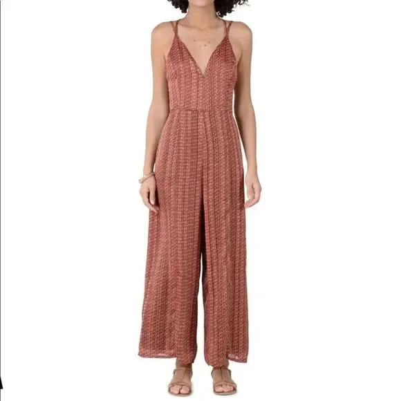 Molly Bracken Geo Print Strappy Retro Rust Jumpsuit NWT - Picture 1 of 7